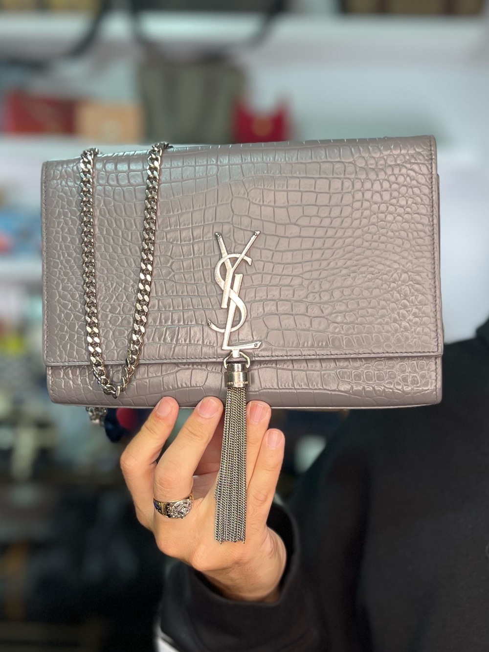 YSL Embossed Croc Gray Flap